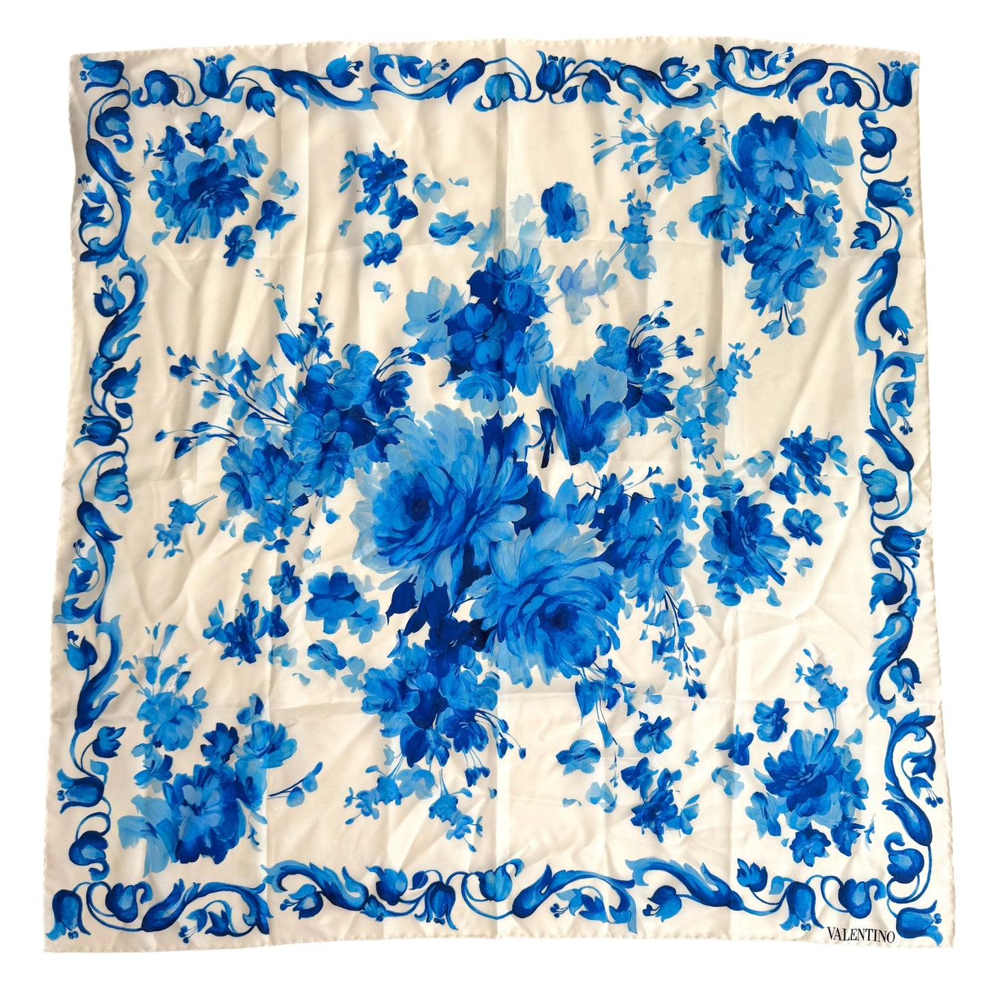 Valentino Blue & White Floral Print Silk Square Scarf