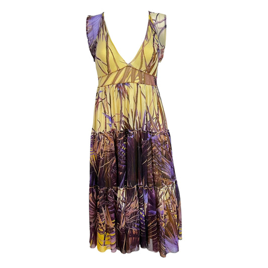 Jean Paul Gaultier Soleil Purple & Yellow Palm Printed Tiered Mesh Midi Dress
