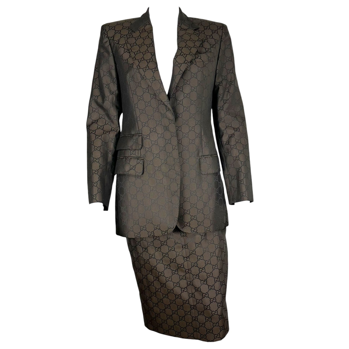Gucci by Tom Ford 1998 Black & Brown Monogram Blazer & Skirt Set