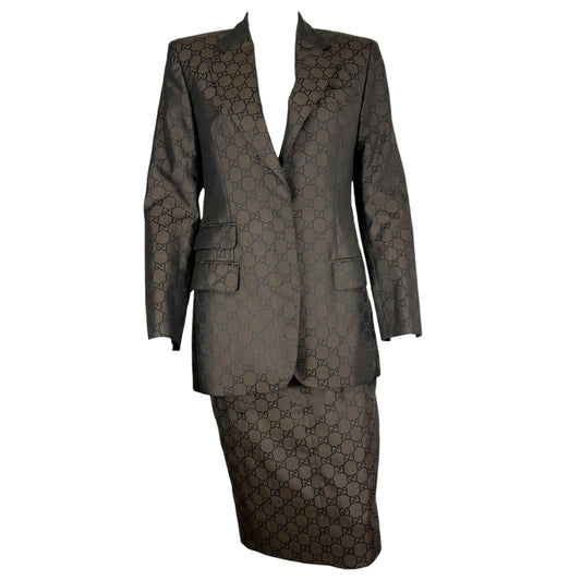 Gucci by Tom Ford 1998 Black & Brown Monogram Blazer & Skirt Set
