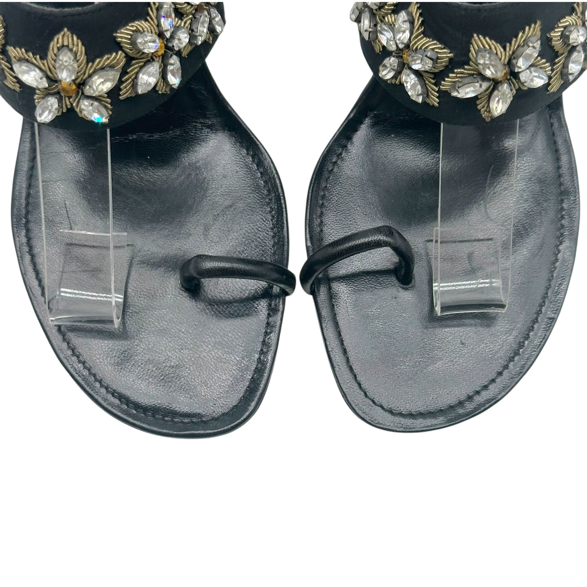 Manolo Blahnik Black Beaded Strap Kitten Heel Sandals