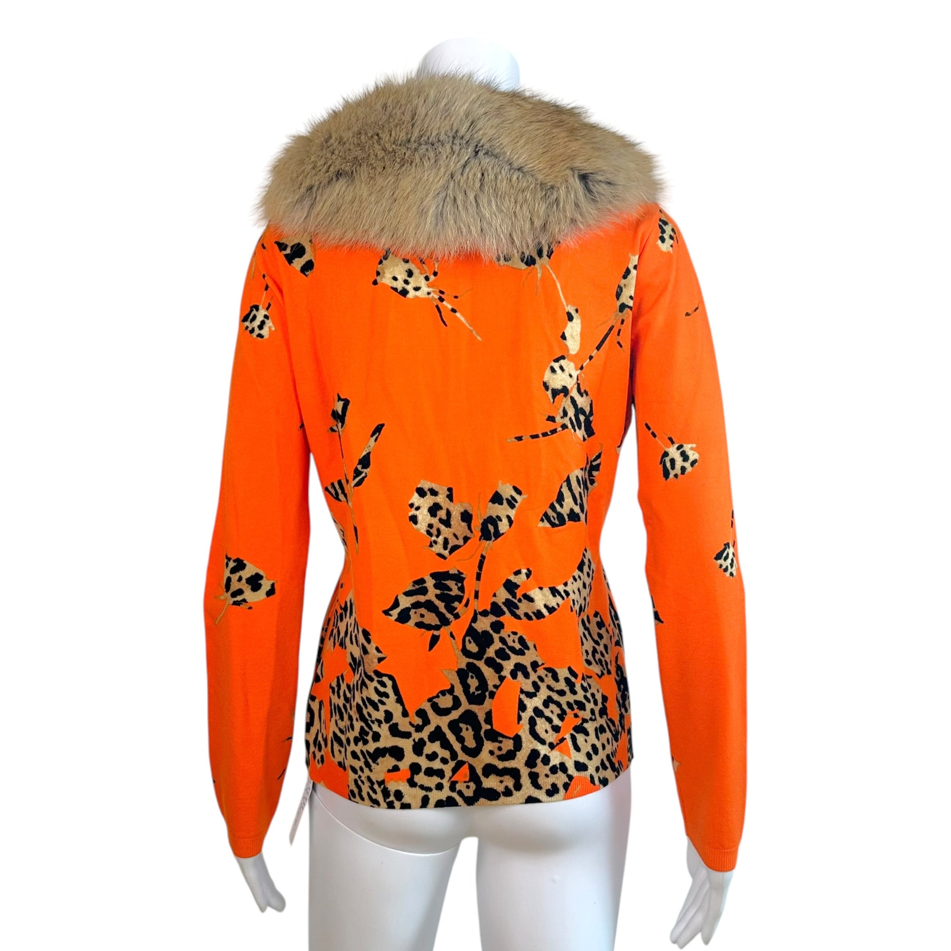 Blumarine Orange Leopard Print Cashmere Cardigan