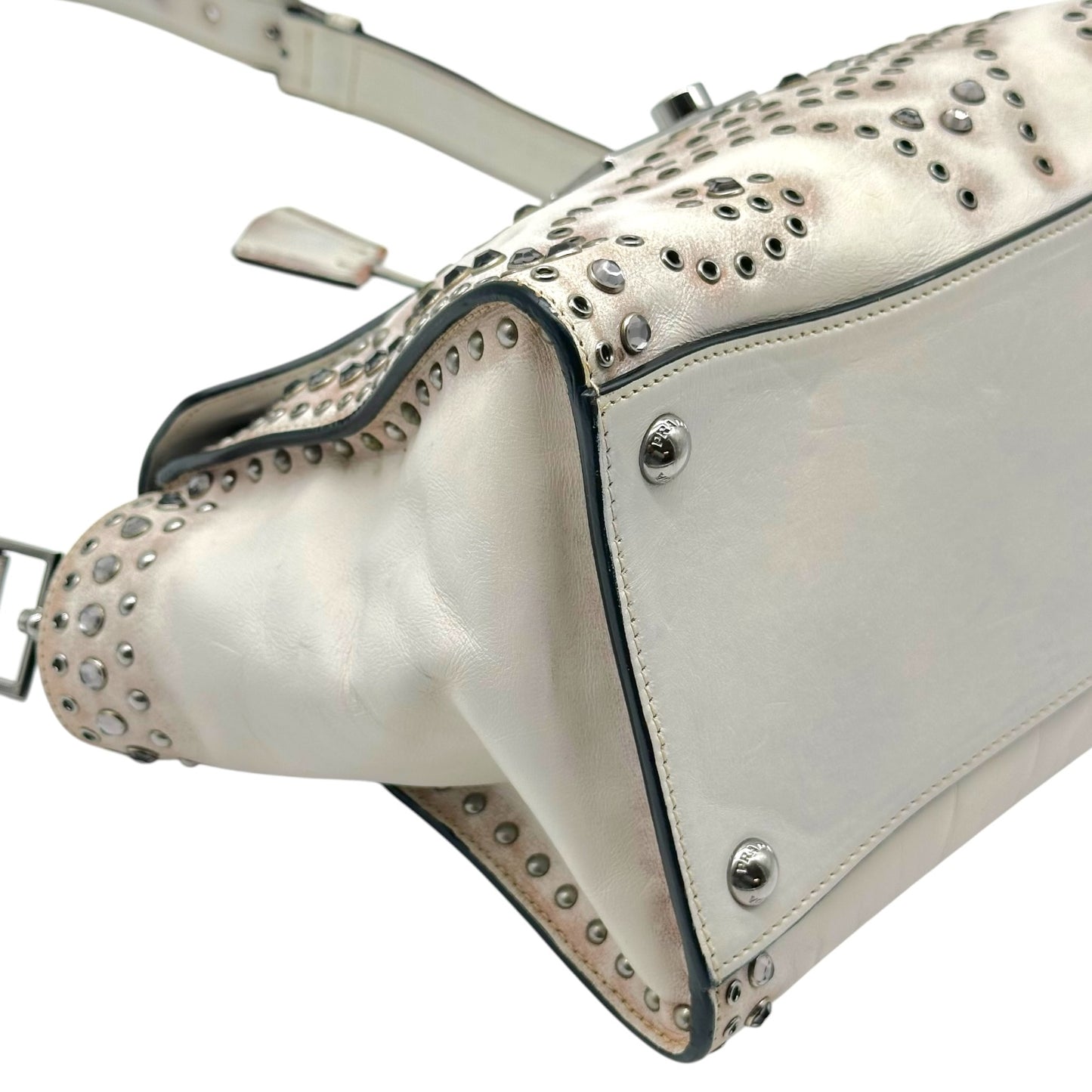 Prada White Leather Studded & Rhinestone Embellished 2-Way Bag