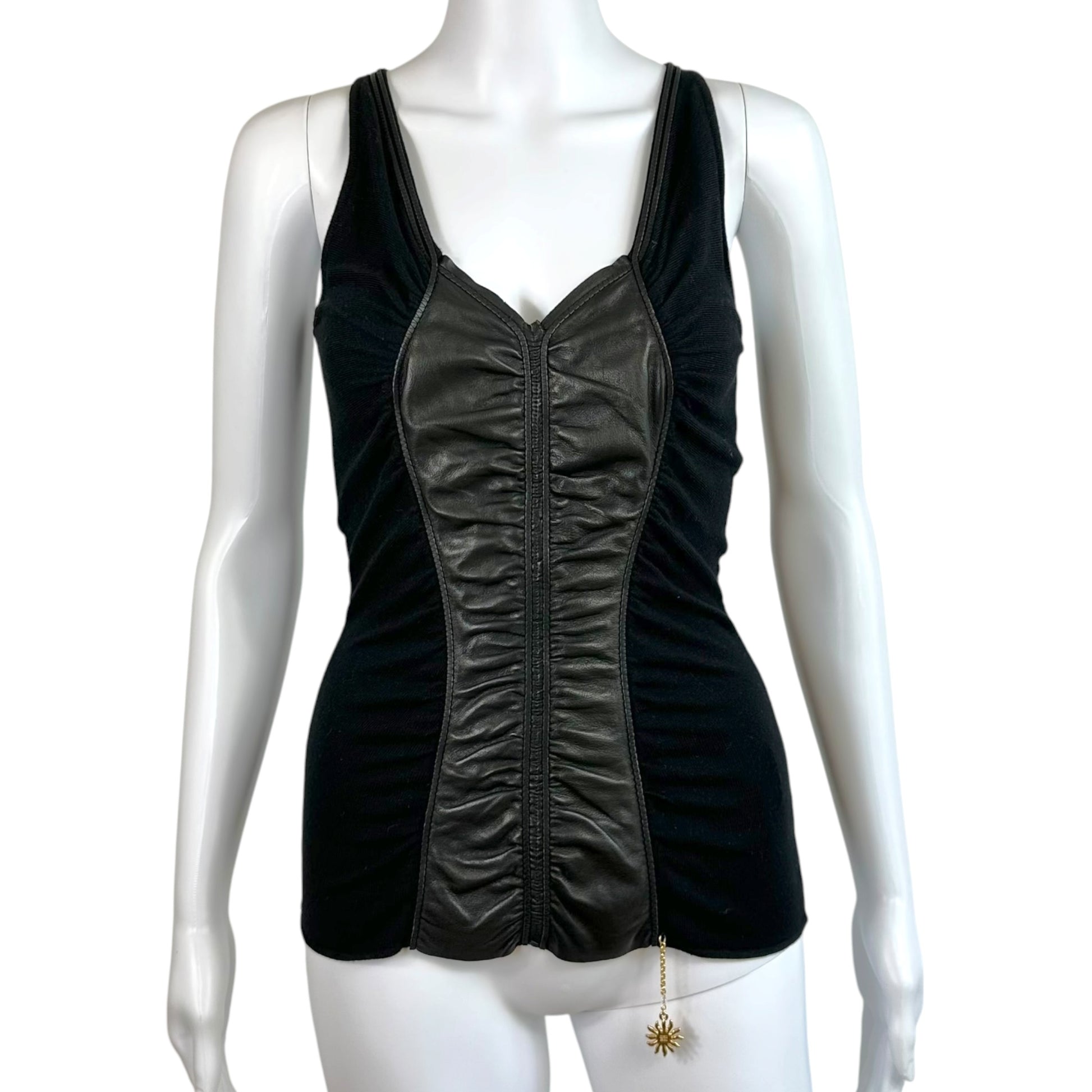 Roberto Cavalli Knit Tank Black Lambskin Leather Panel