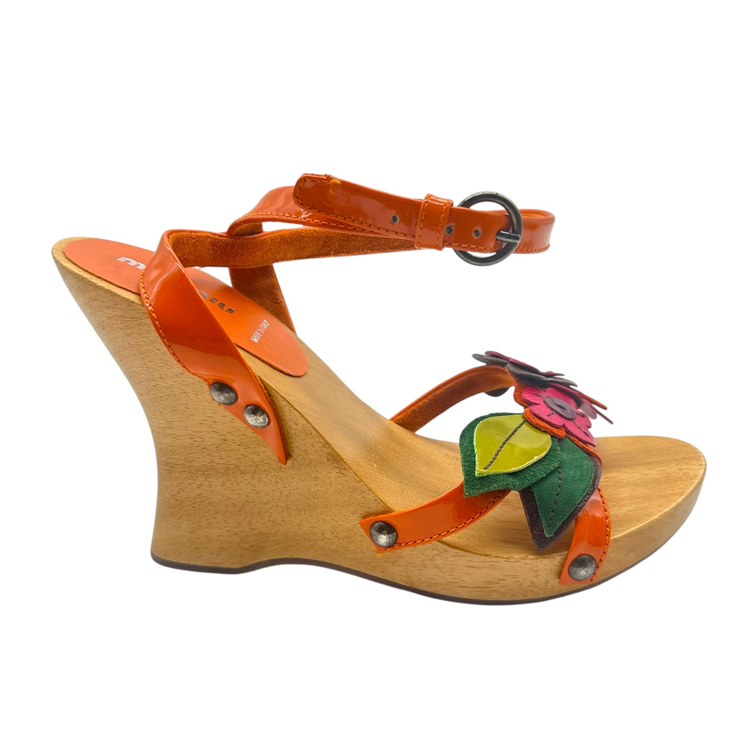 Miu Miu Orange Floral & Wooden Wedge Sandals