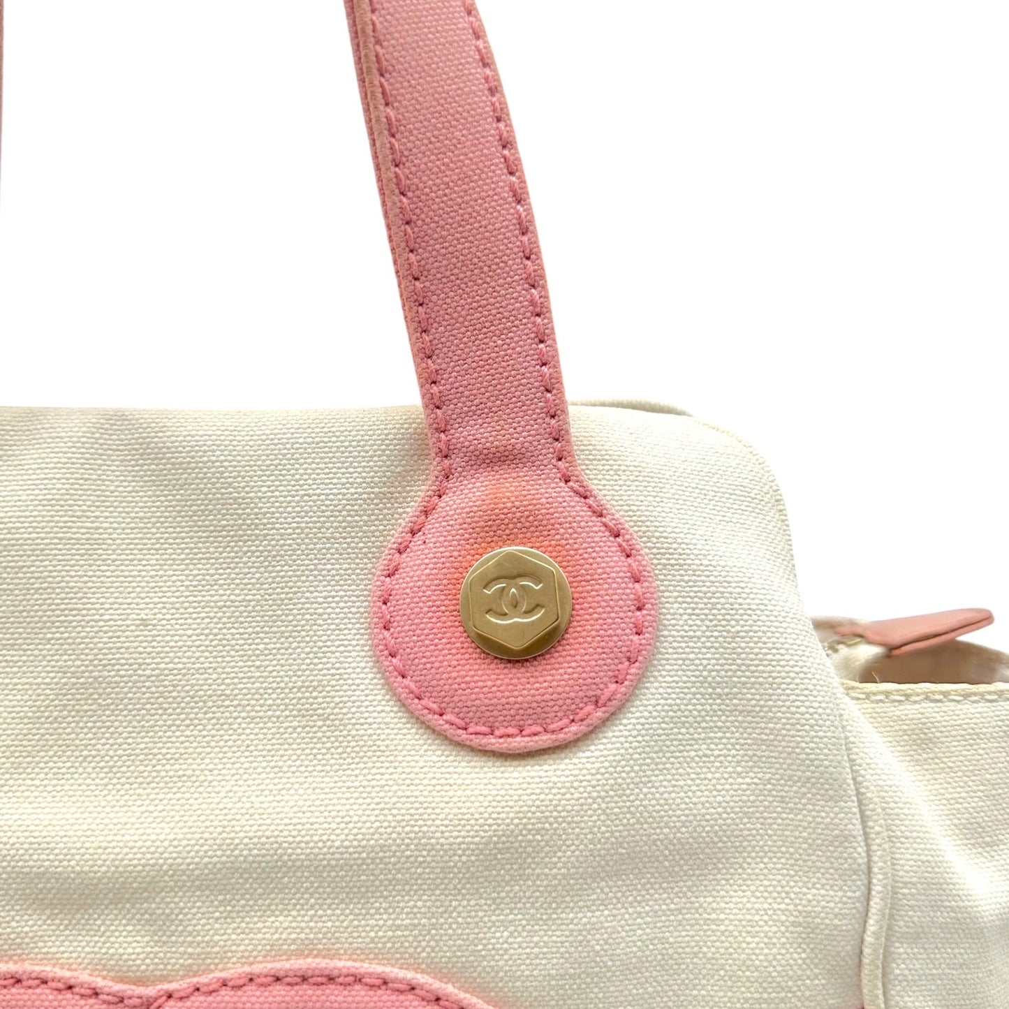 Chanel Mini Tote Bag Pink White Canvas Gold Hardware