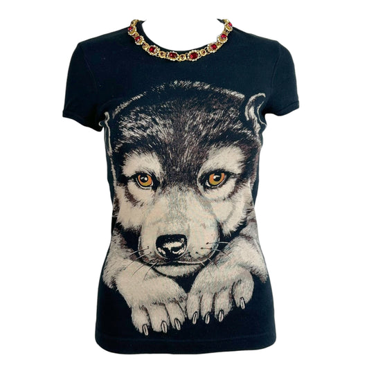 Dolce & Gabbana Black Dog Face Print T-Shirt w/ Attached Necklace
