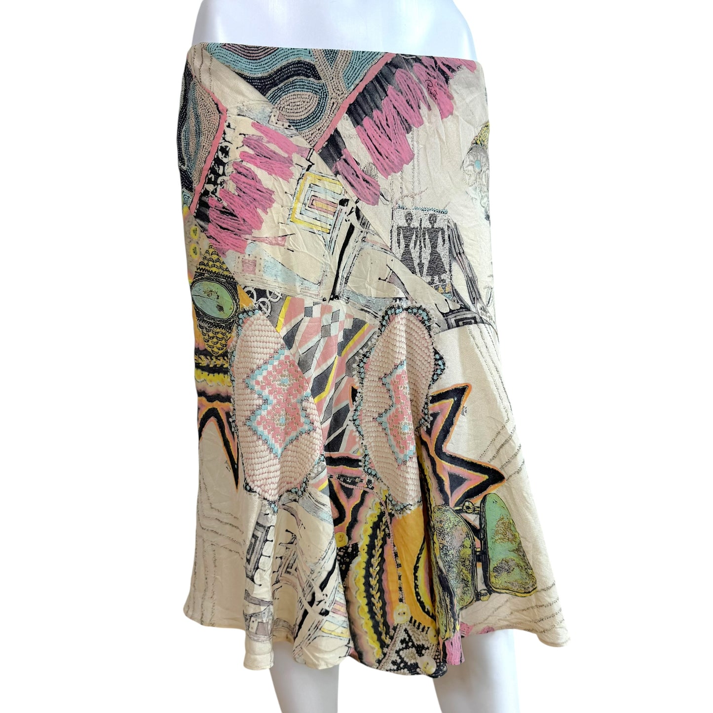 Roberto Cavalli S/S 2003 Metallic & Pastel Printed Silk Blouse & Midi Skirt Set