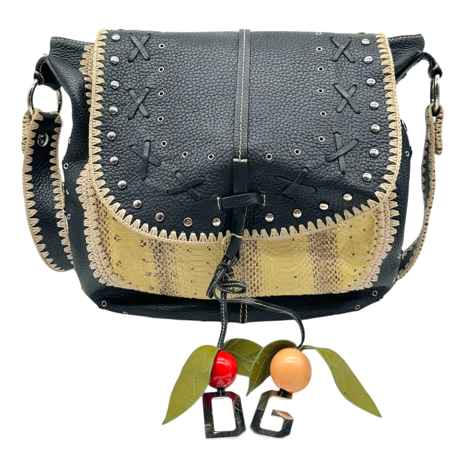 Dolce & Gabbana Black Leather Python Studded Messenger Bag