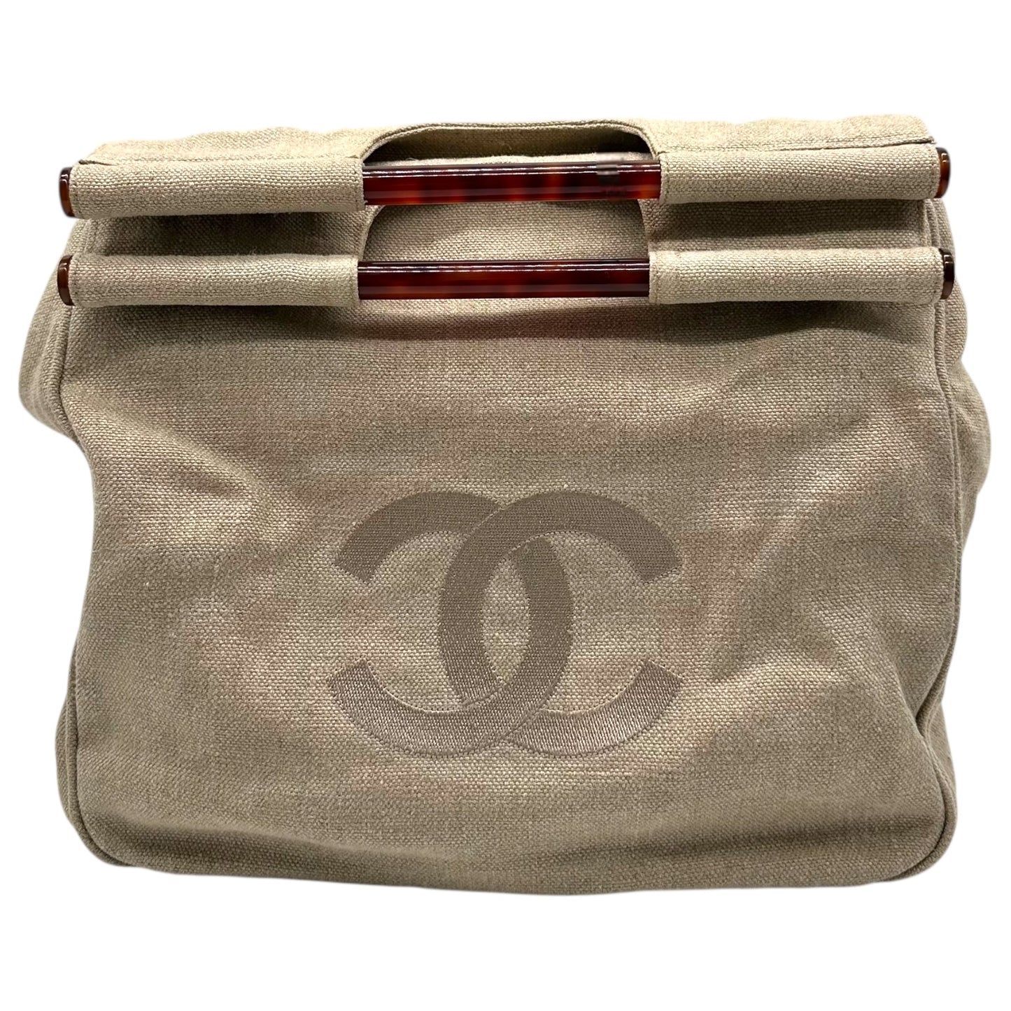 Chanel Large Beige Fabric & Plastic Handle Logo Clutch Bag 1996-97
