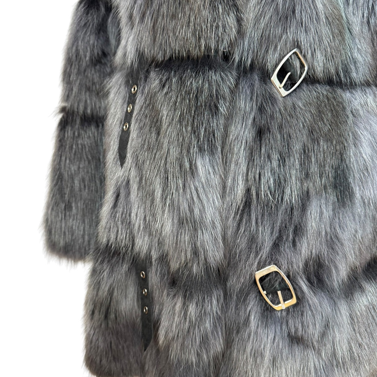 J-White Fox Fur Coat Gray Black Buckle 1990s Vintage