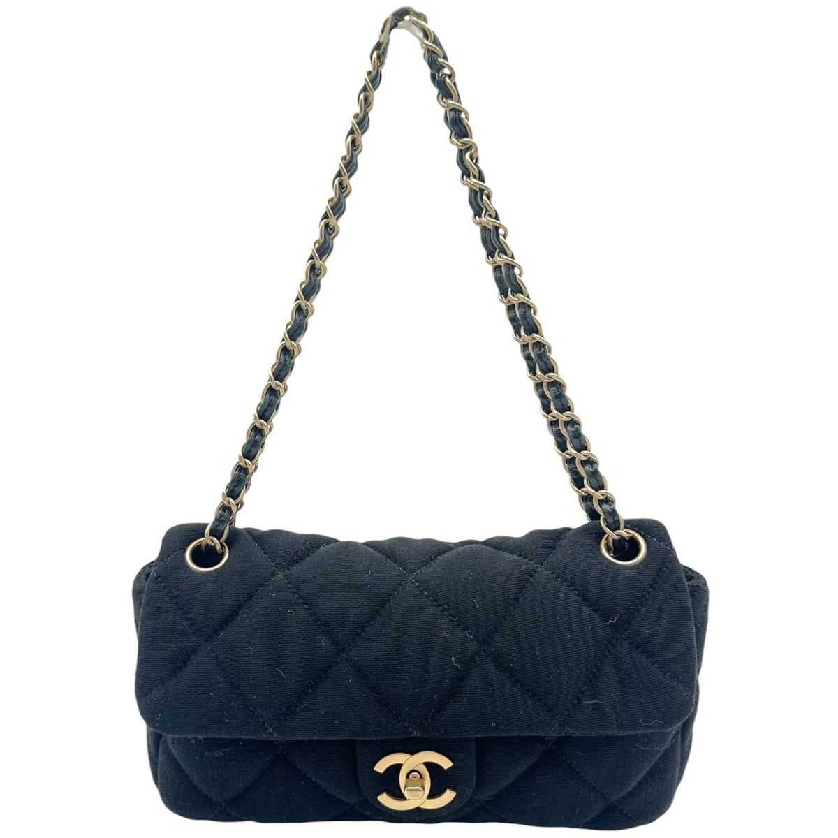 Chanel Small Flap Shoulder Bag Black Gold Quilted Jersey