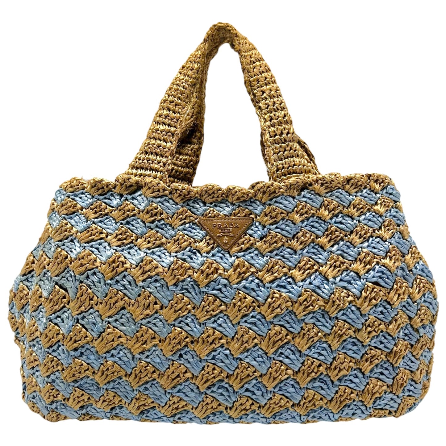 Prada Tan & Light Blue Woven Raffia Canapa Tote Bag