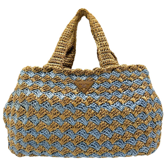 Prada Tan & Light Blue Woven Raffia Canapa Tote Bag