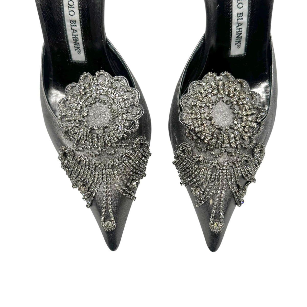 Manolo Blahnik Silver Leather & Crystal Embellished Mule Heels