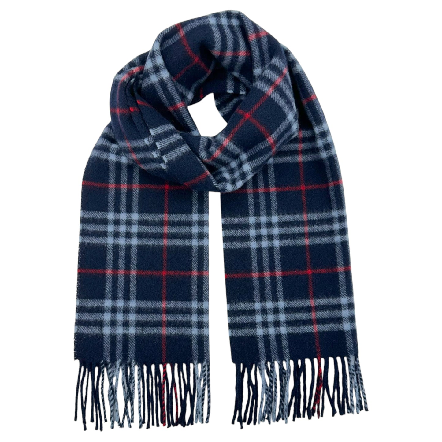 Burberry Wool Scarf Navy Blue Plaid Fringed Edges