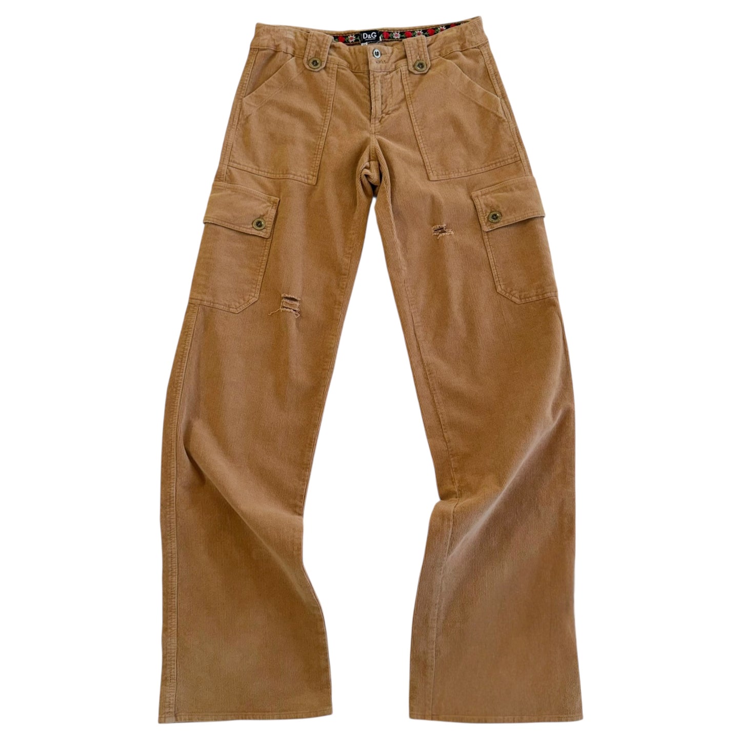 D&G Dolce & Gabbana F/W 2002 Brown Distressed Low Rise Corduroy Cargo Pants