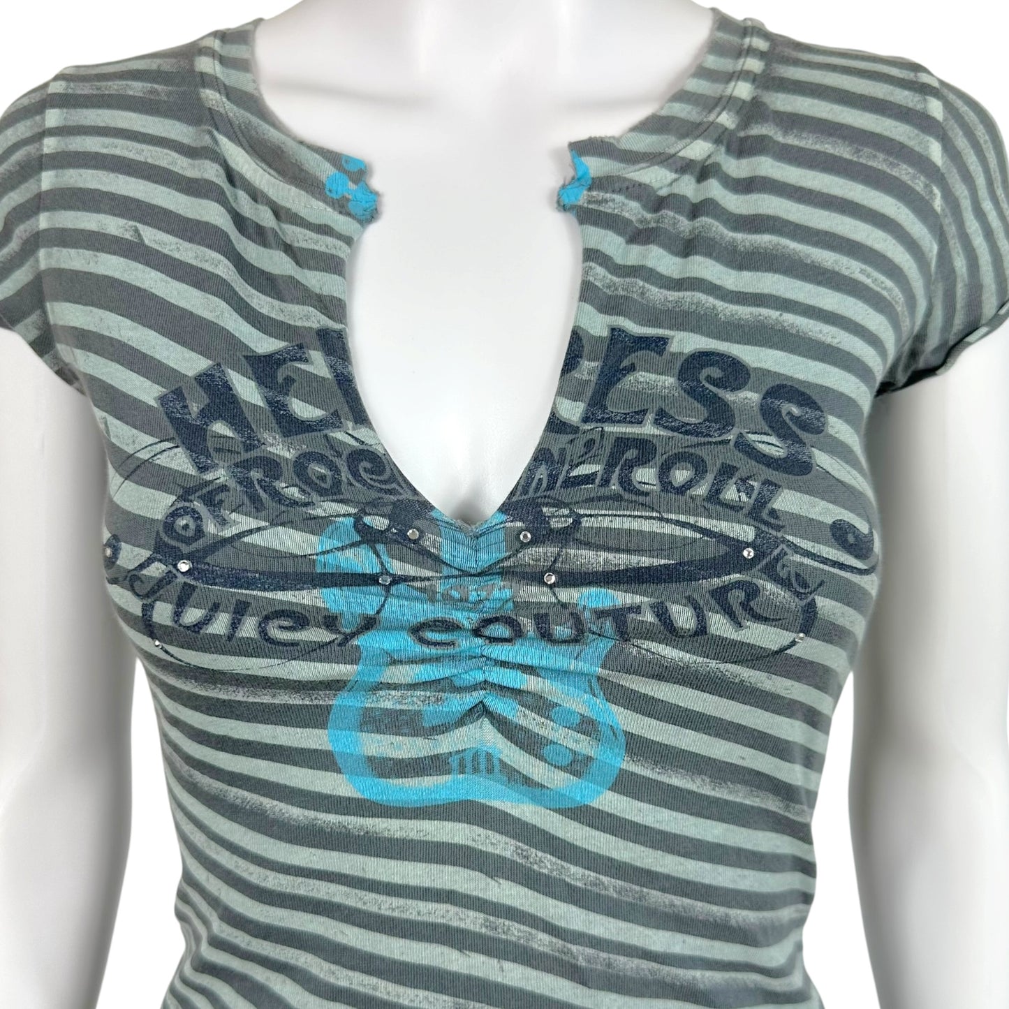 Juicy Couture Gray & Blue 'Heiress of Rock-n-Roll' Striped V-Neck T-Shirt