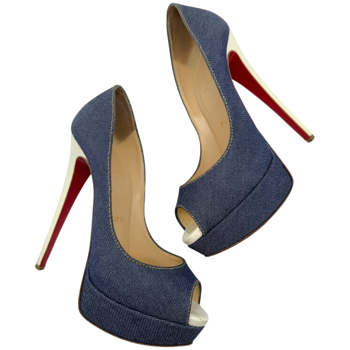 Christian Louboutin Denim & White Leather Peep Toe Platform Pumps
