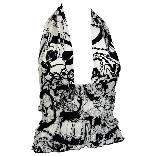 Chanel Silk Shirred Halter Top Black White Logo Print