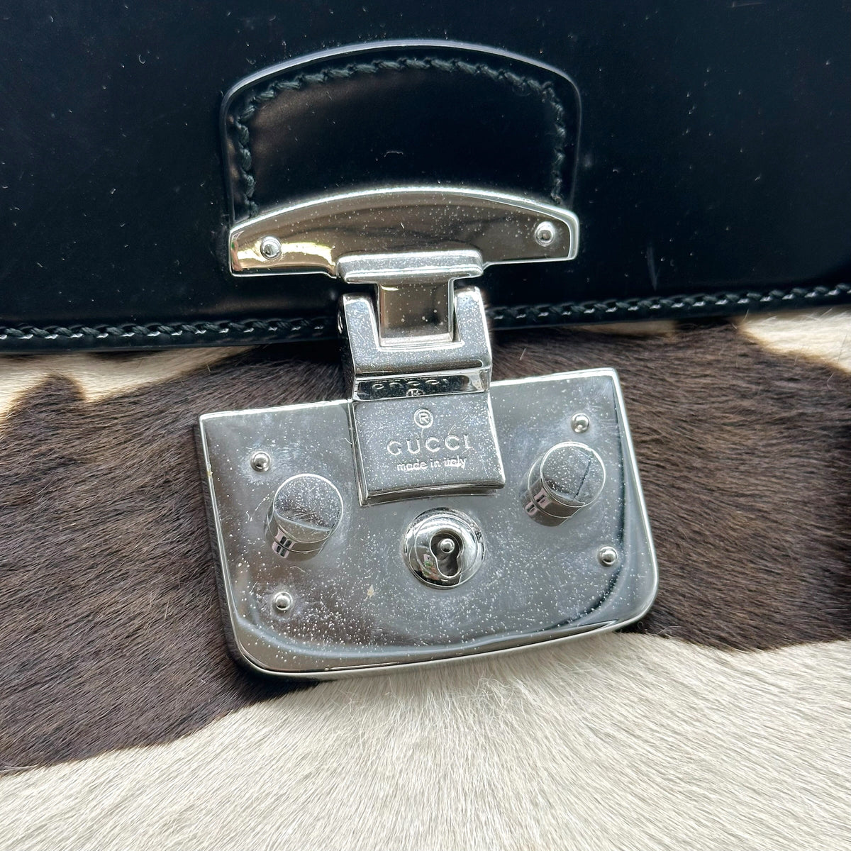 Gucci Lady Lock Zebra Print Ponyhair Bamboo Handbag