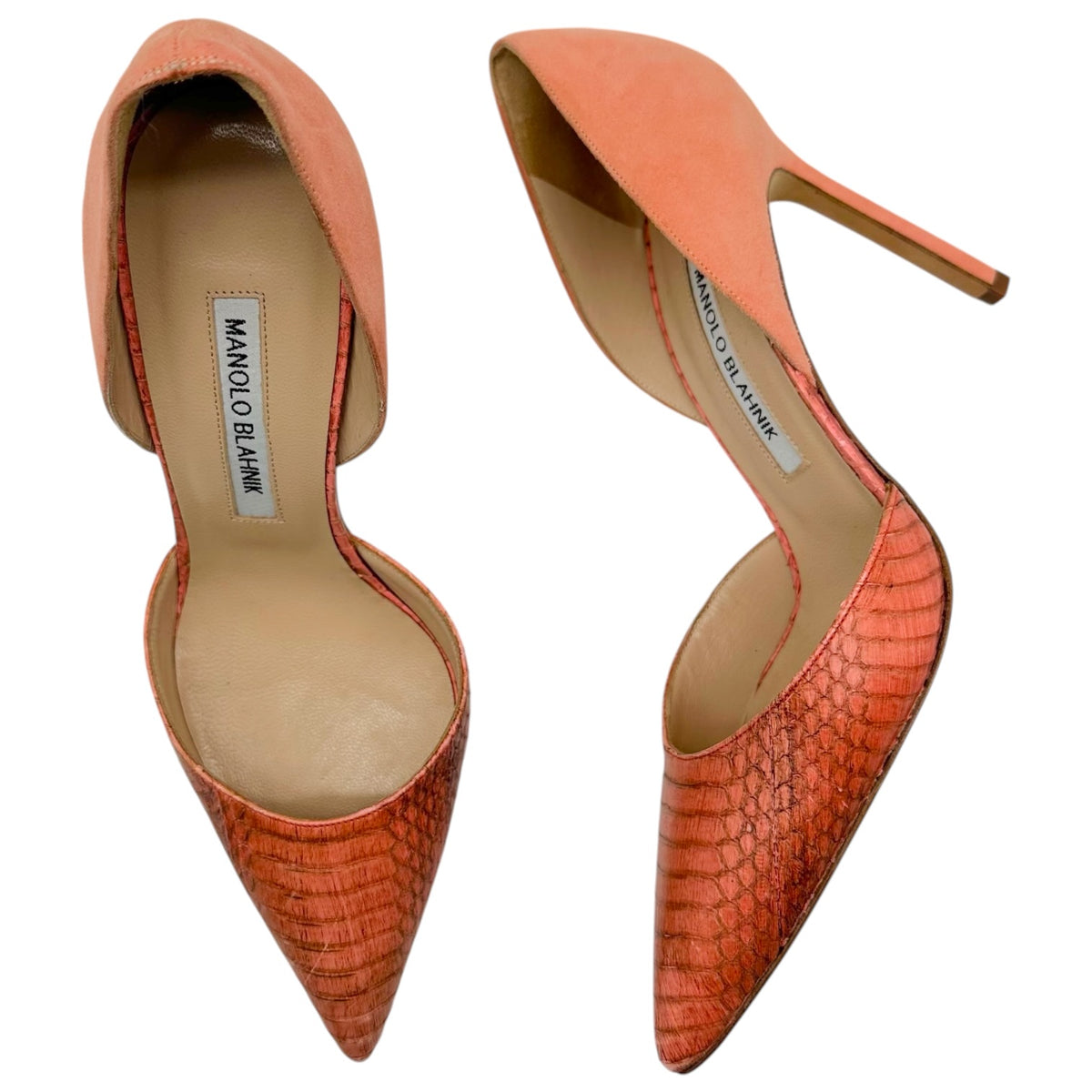 Manolo Blahnik Salmon Pink Suede & Snakeskin D'Orsay Pointed Toe Pumps