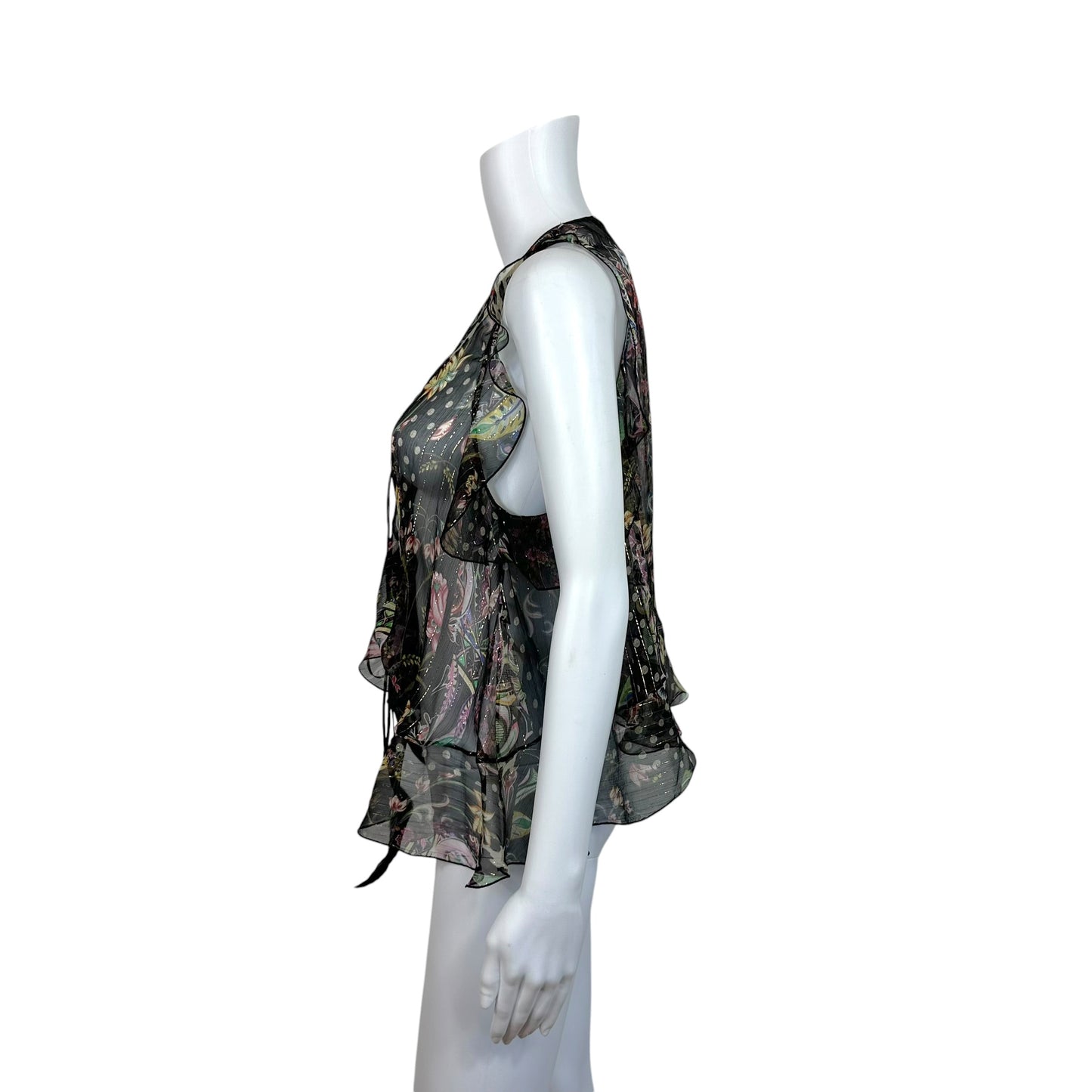 Roberto Cavalli Sheer Metallic Polka Dot & Floral Silk Blouse w/ Feather Ties