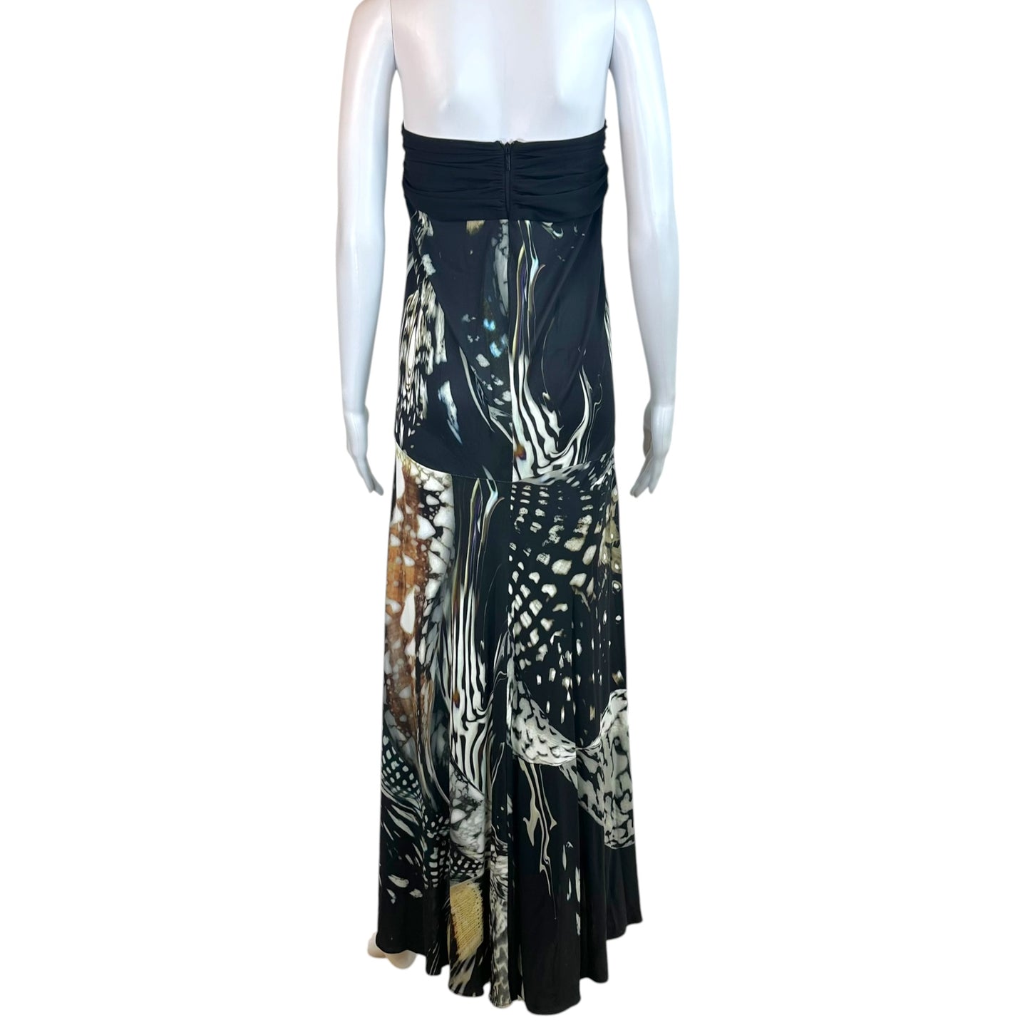 Roberto Cavalli Strapless Maxi Dress Black Ivory Feather Print