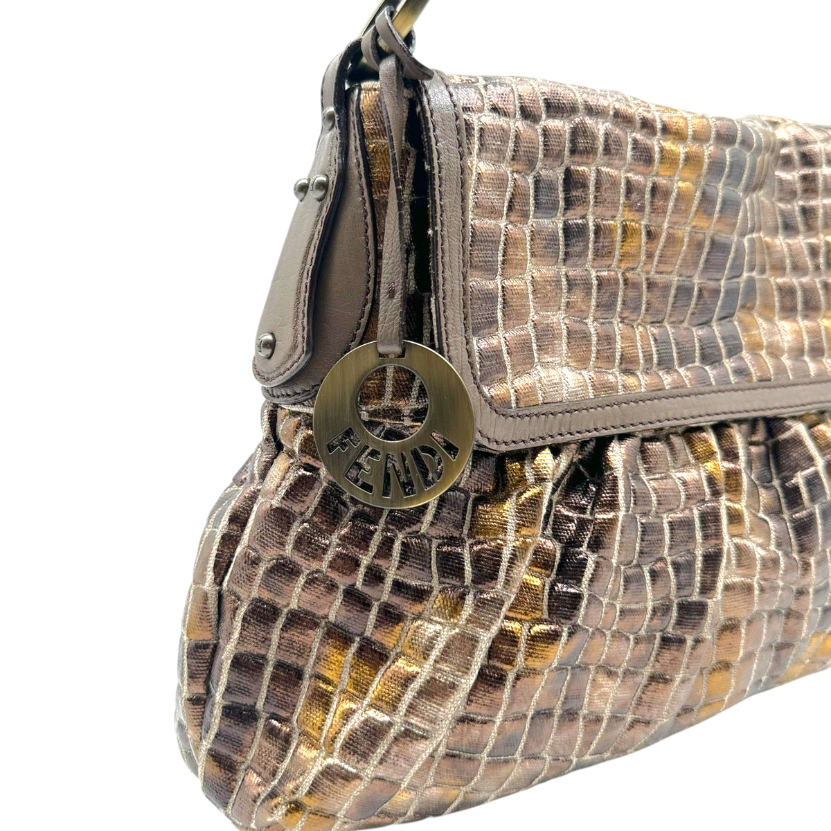 Fendi Brown Metallic 'Croc' Canvas Embossed Medium Chef Bag