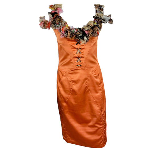 Just Cavalli Orange Silk Ruffle Sleeve Midi Dress