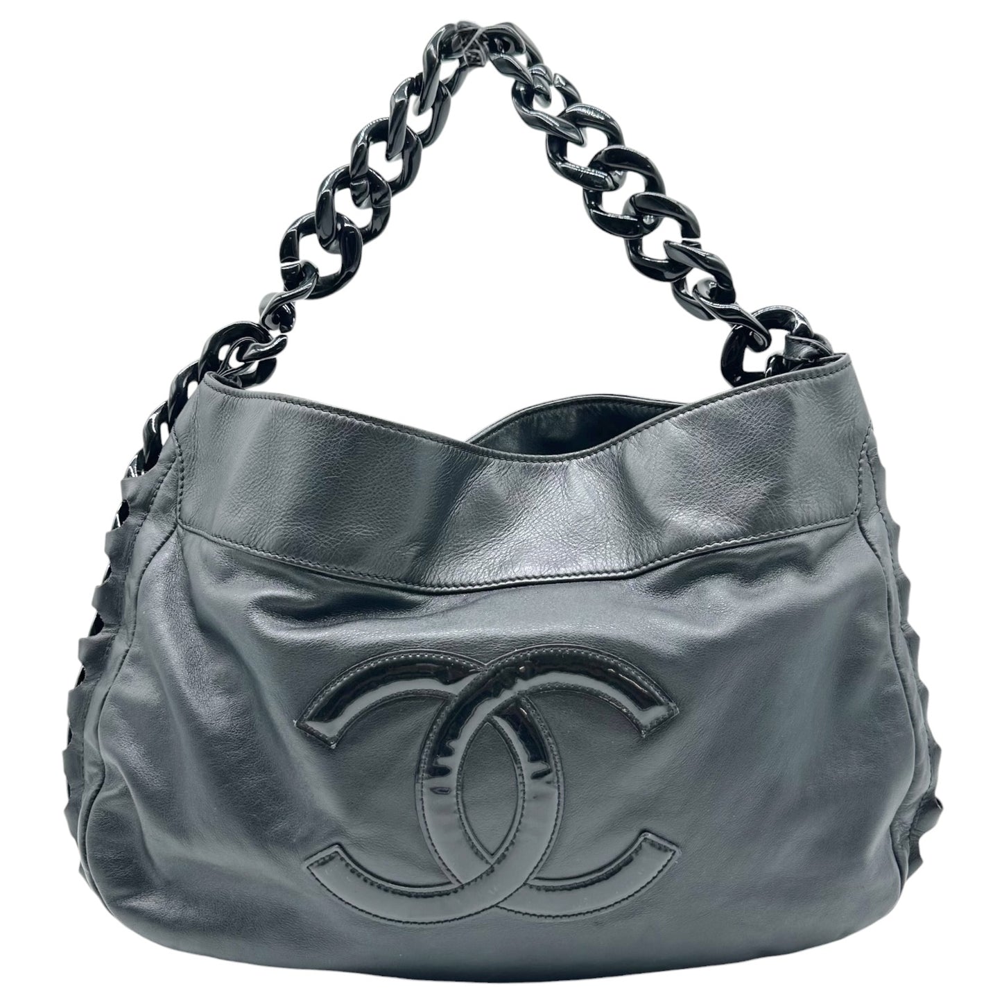 Chanel Black Leather Hobo Bag With Chain Strap