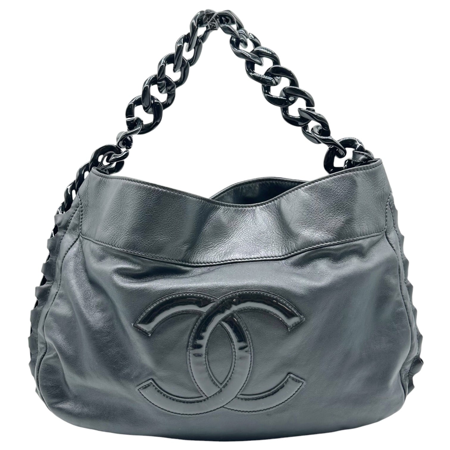 Chanel Black Leather Hobo Bag With Chain Strap
