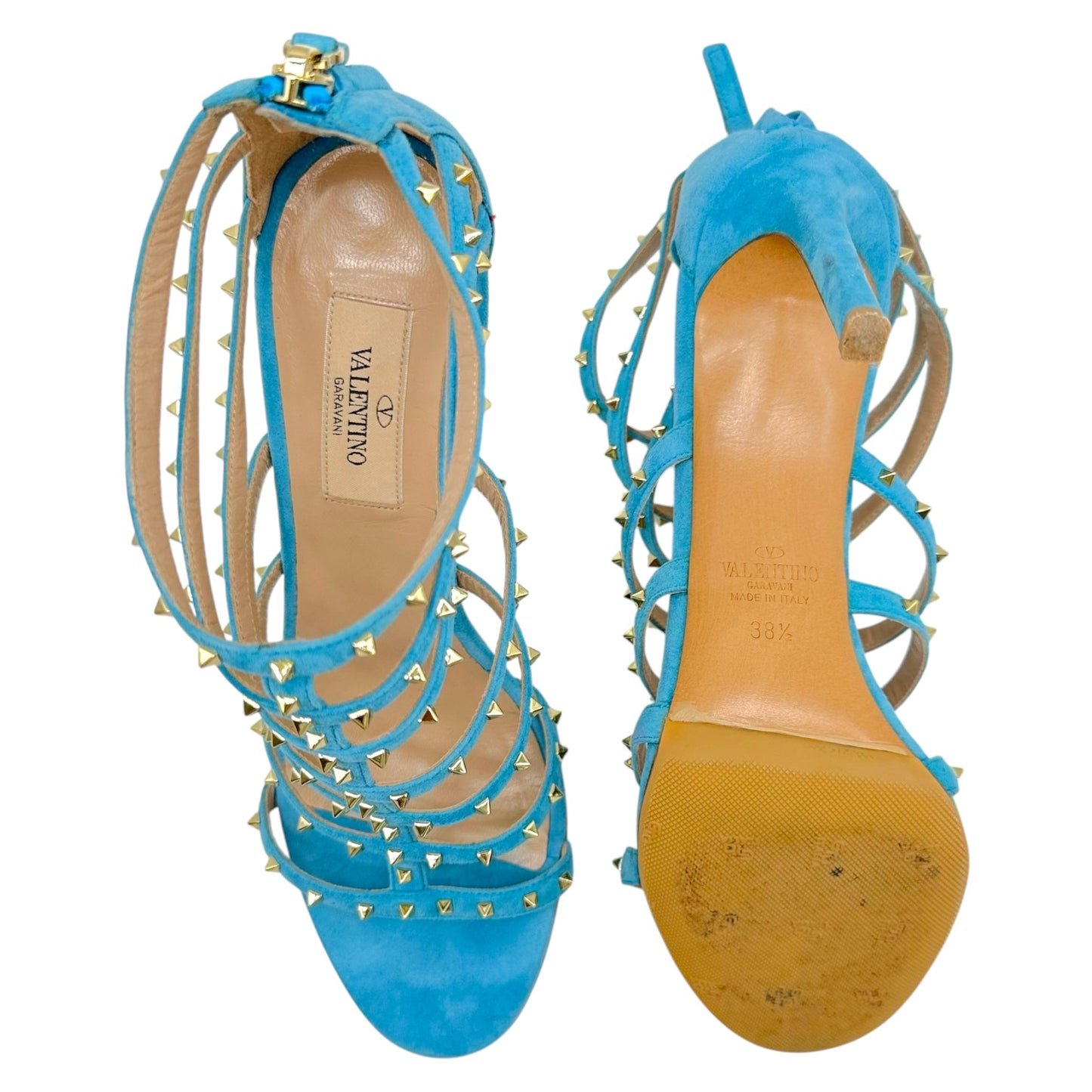 Valentino Turquoise Suede & Gold Rockstud Gladiator Heels