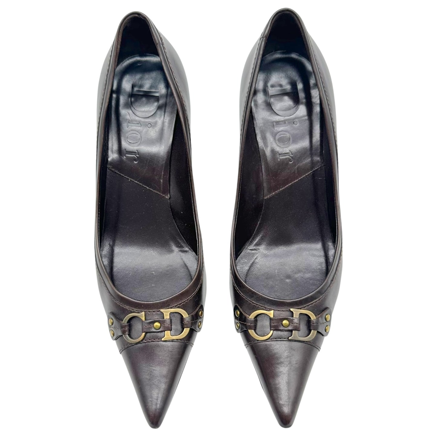 Christian Dior Brown Pointed Toe Heels with CD Logo Charm