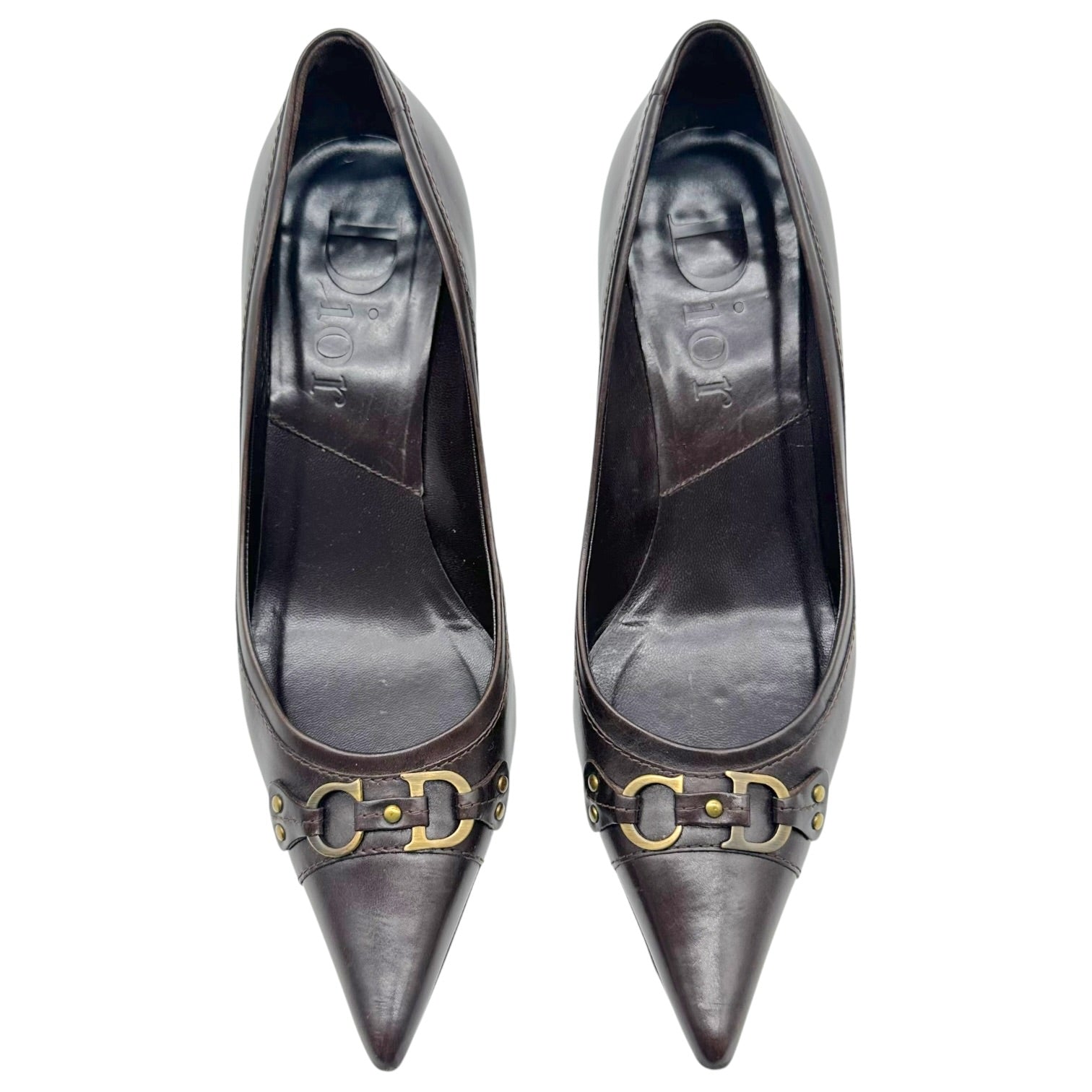 Christian Dior Brown Pointed Toe Heels with CD Logo Charm