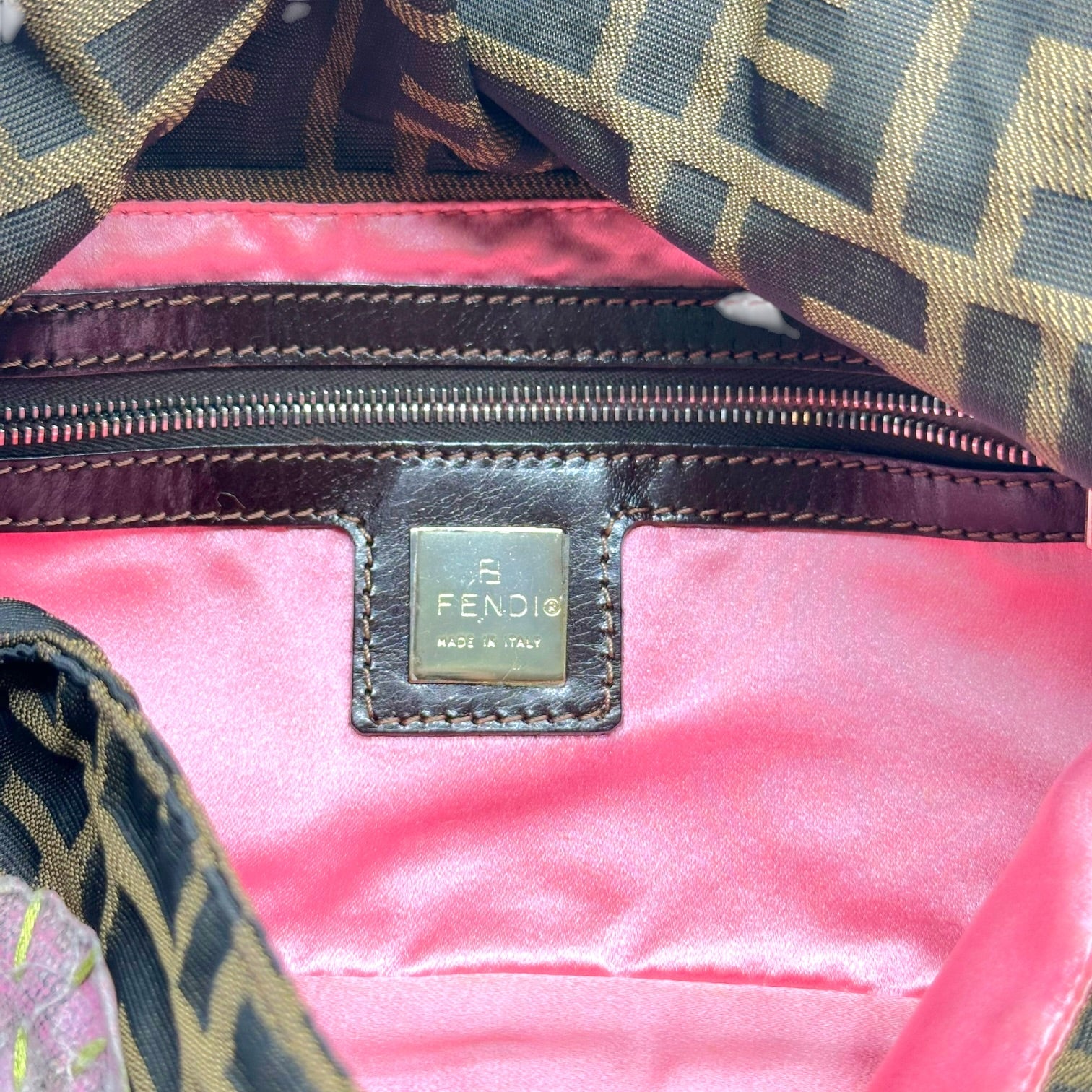 Fendi Baguette Bag Brown Monogram Pink Floral Applique
