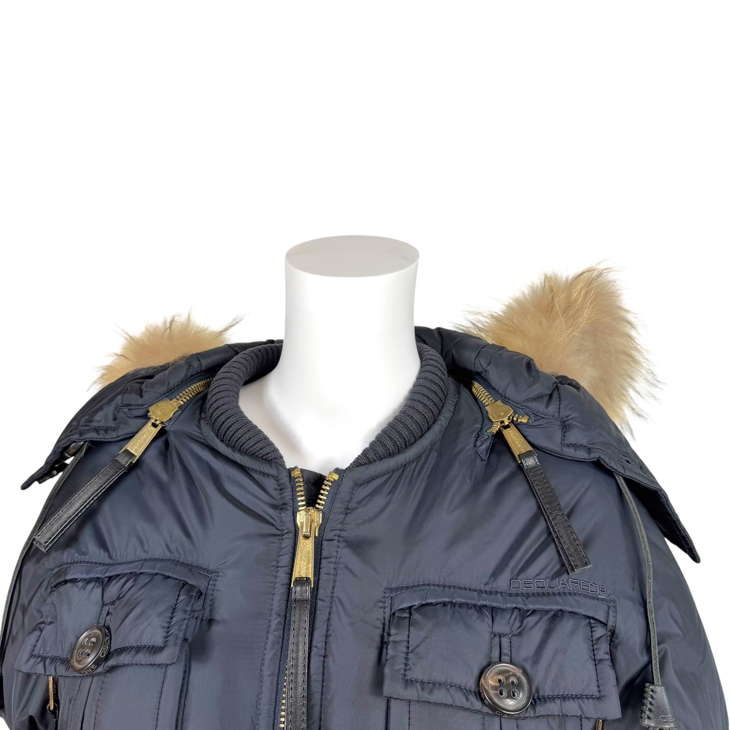 Dsquared2 Navy Blue Down Fill Fox Fur Trim Hood Cropped Bomber Puffer Coat