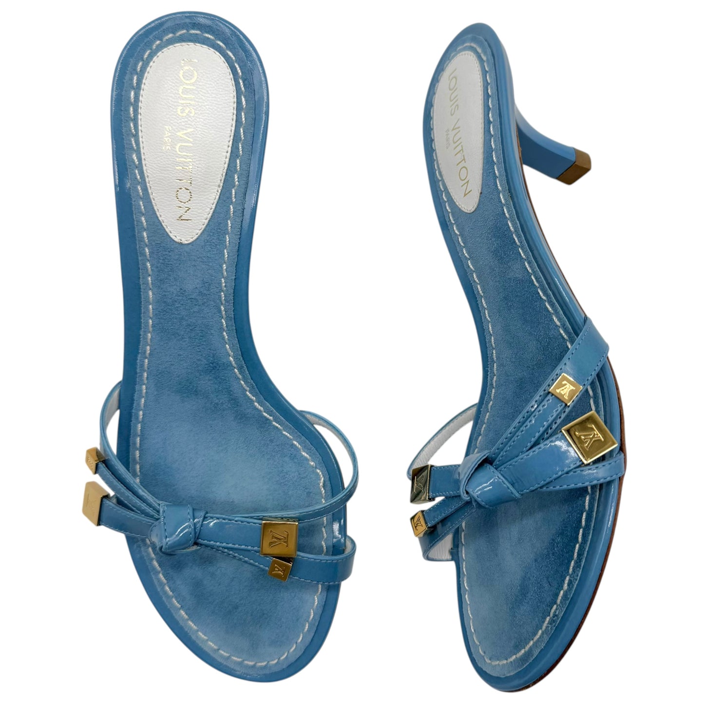 Louis Vuitton Blue Gold Logo Bow Mule Kitten Heels