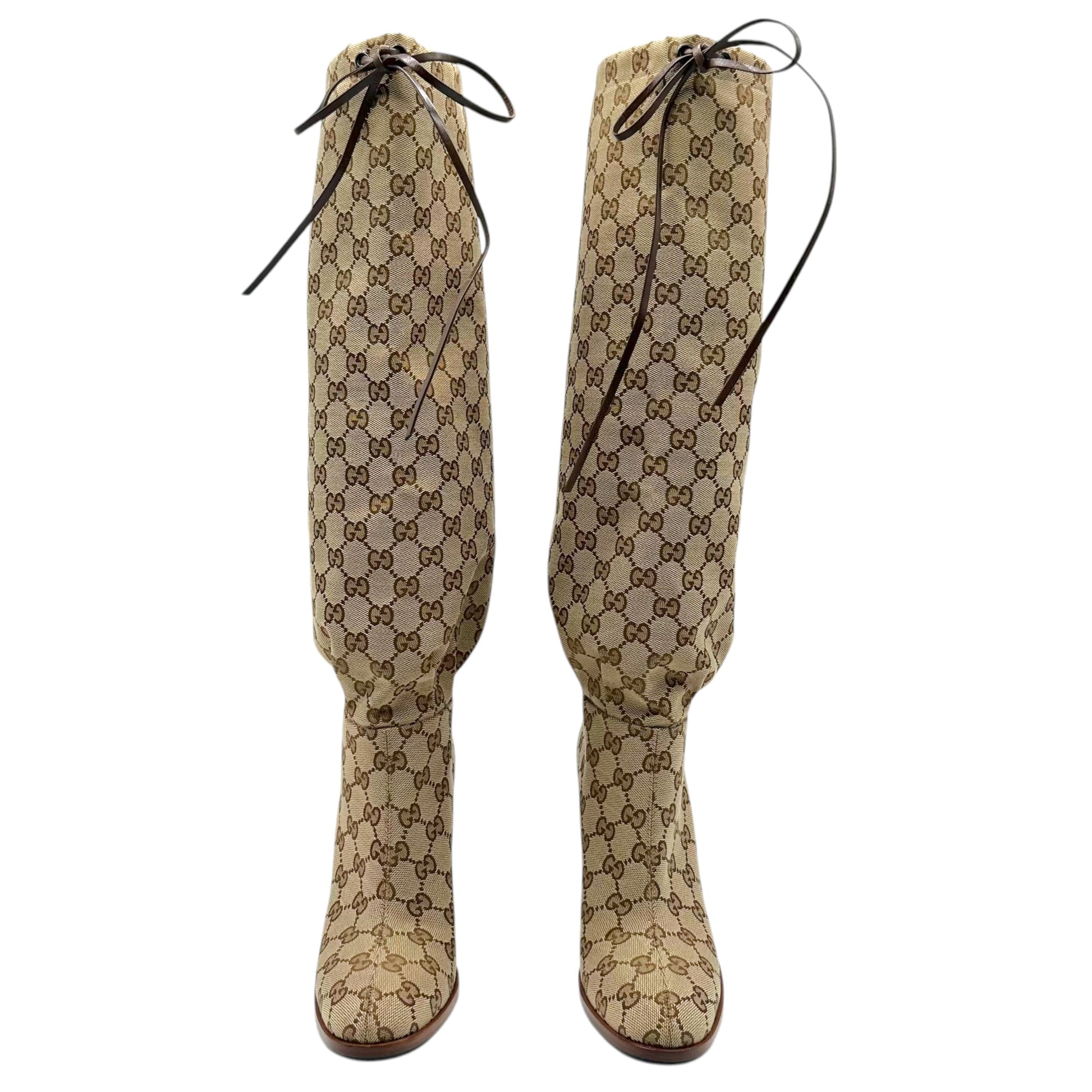 Gucci Heeled Knee High Boots Tan Monogram