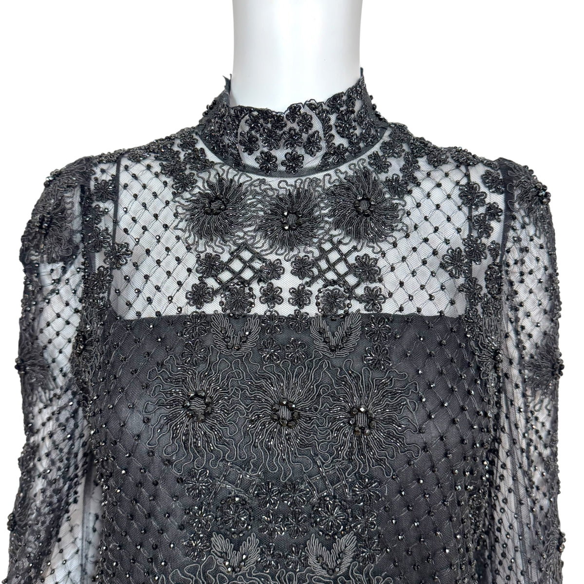 Valentino Black Beaded Lace Longsleeve Blouse
