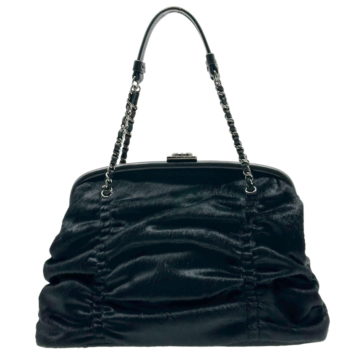 Chanel Black Ruched Ponyhair Handbag with Kisslock Closure