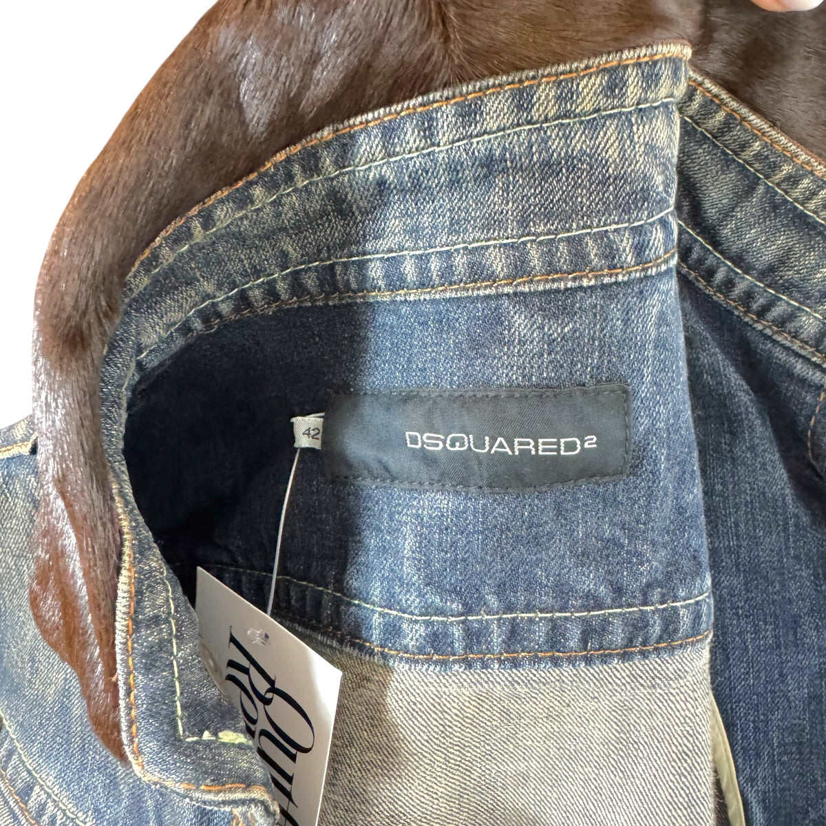 Dsquared2 Distressed Denim & Brown Ponyhair Collar Cropped Jacket