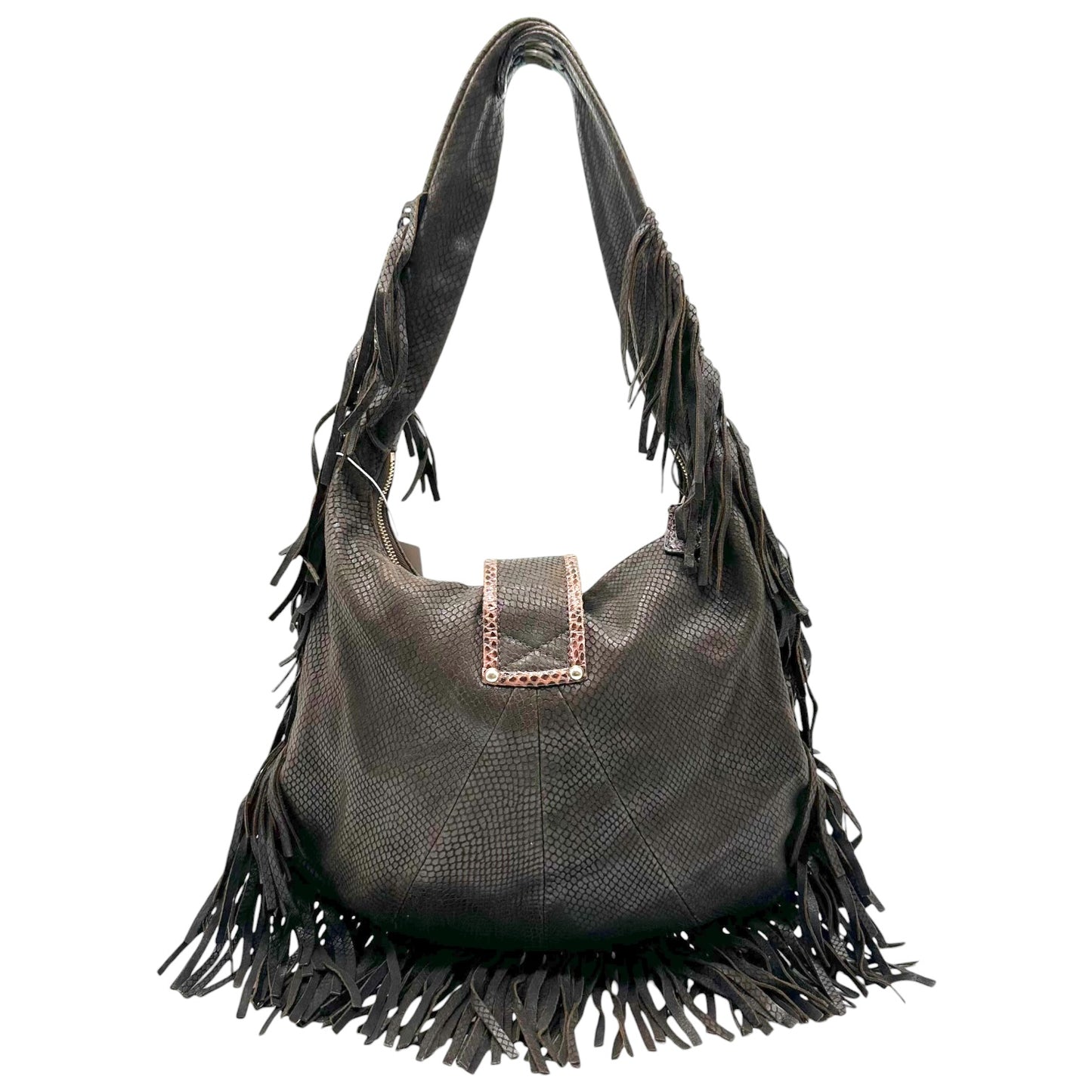 Jimmy Choo Brown Snakeskin Embossed Hobo Bag with Fringe