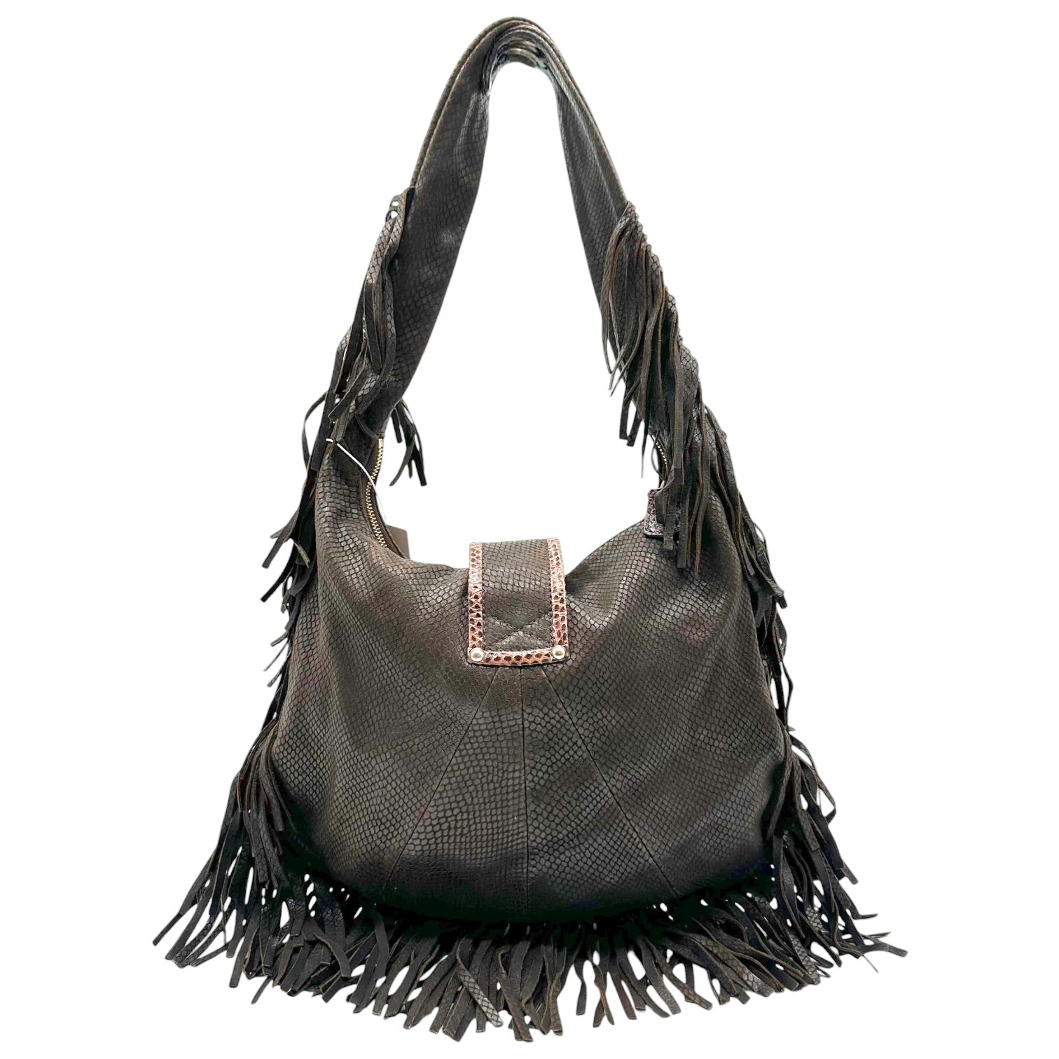 Jimmy Choo Brown Snakeskin Embossed Hobo Bag with Fringe