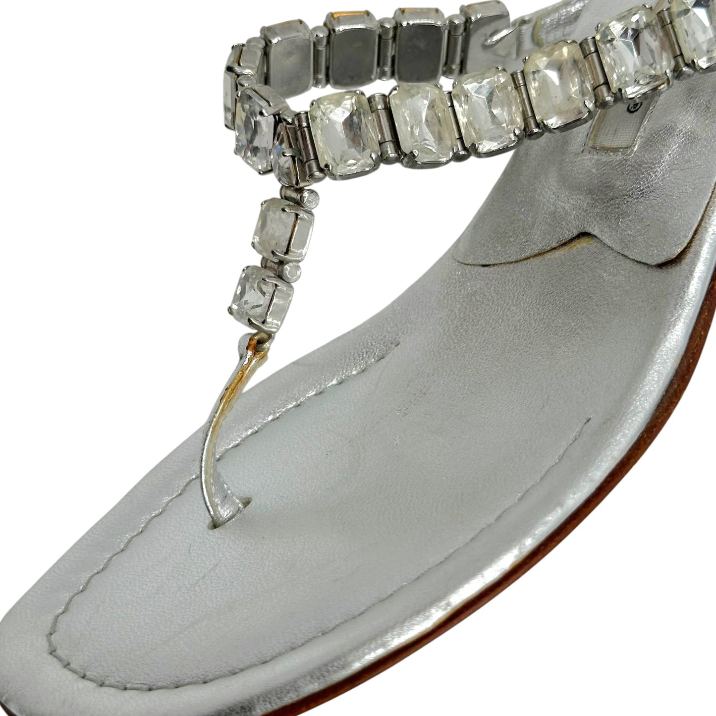 Manolo Blahnik Silver Crystal Embellished Kitten Heel Flip Flops