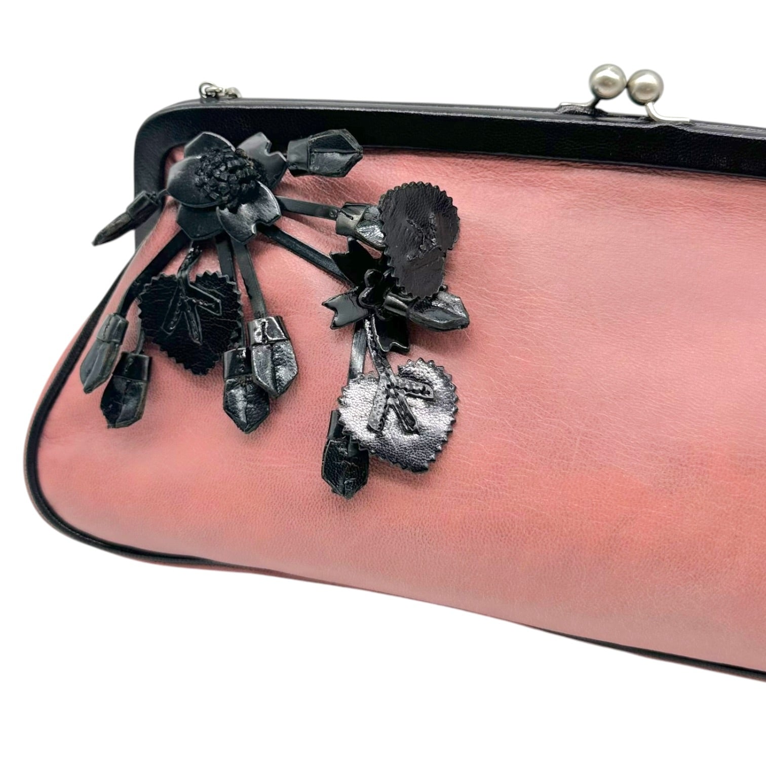 Prada Pink Black Floral Applique Clutch Bag