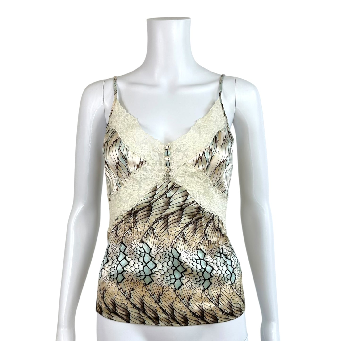Roberto Cavalli Silk Lace Cami Blue Feather Print