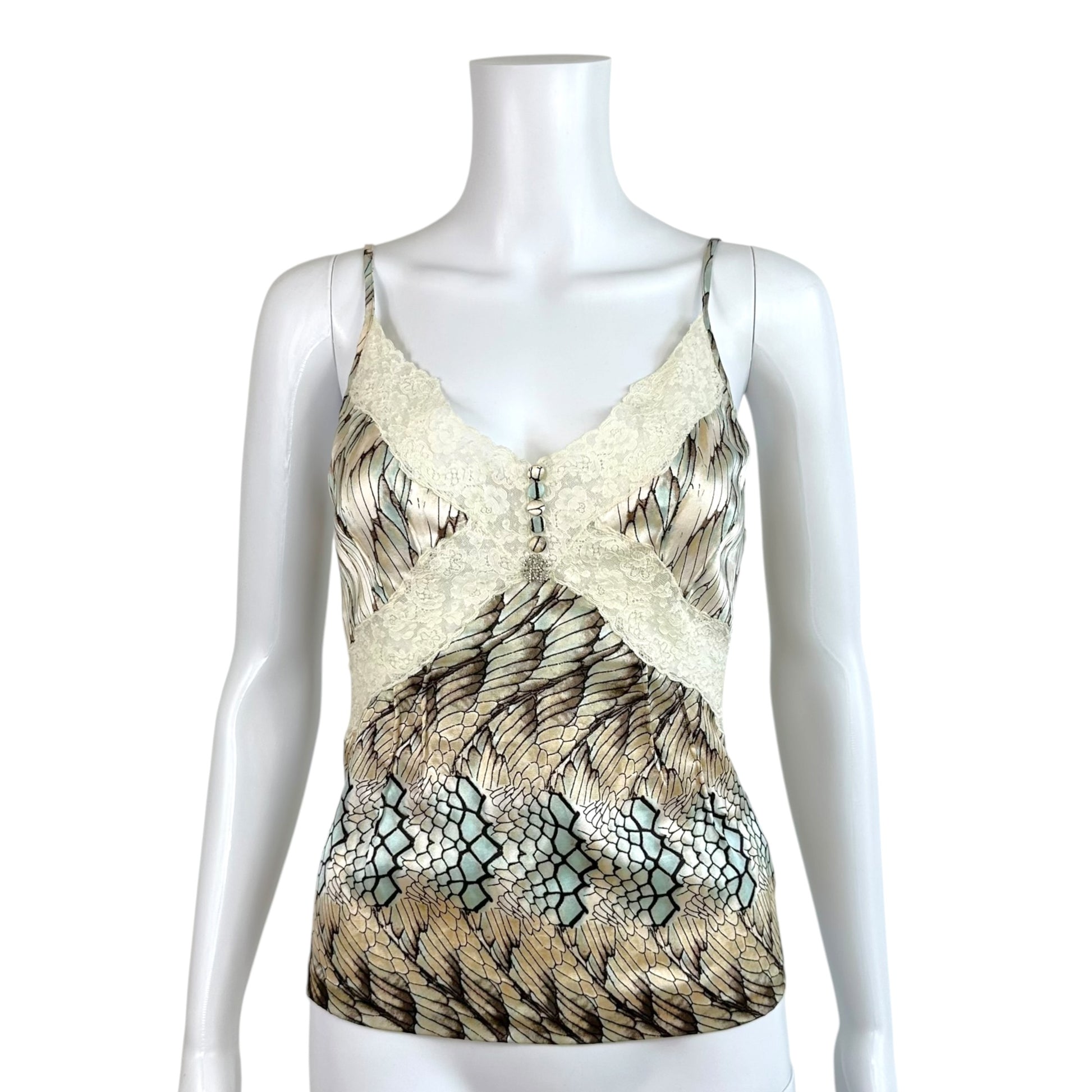 Roberto Cavalli Silk Lace Cami Blue Feather Print