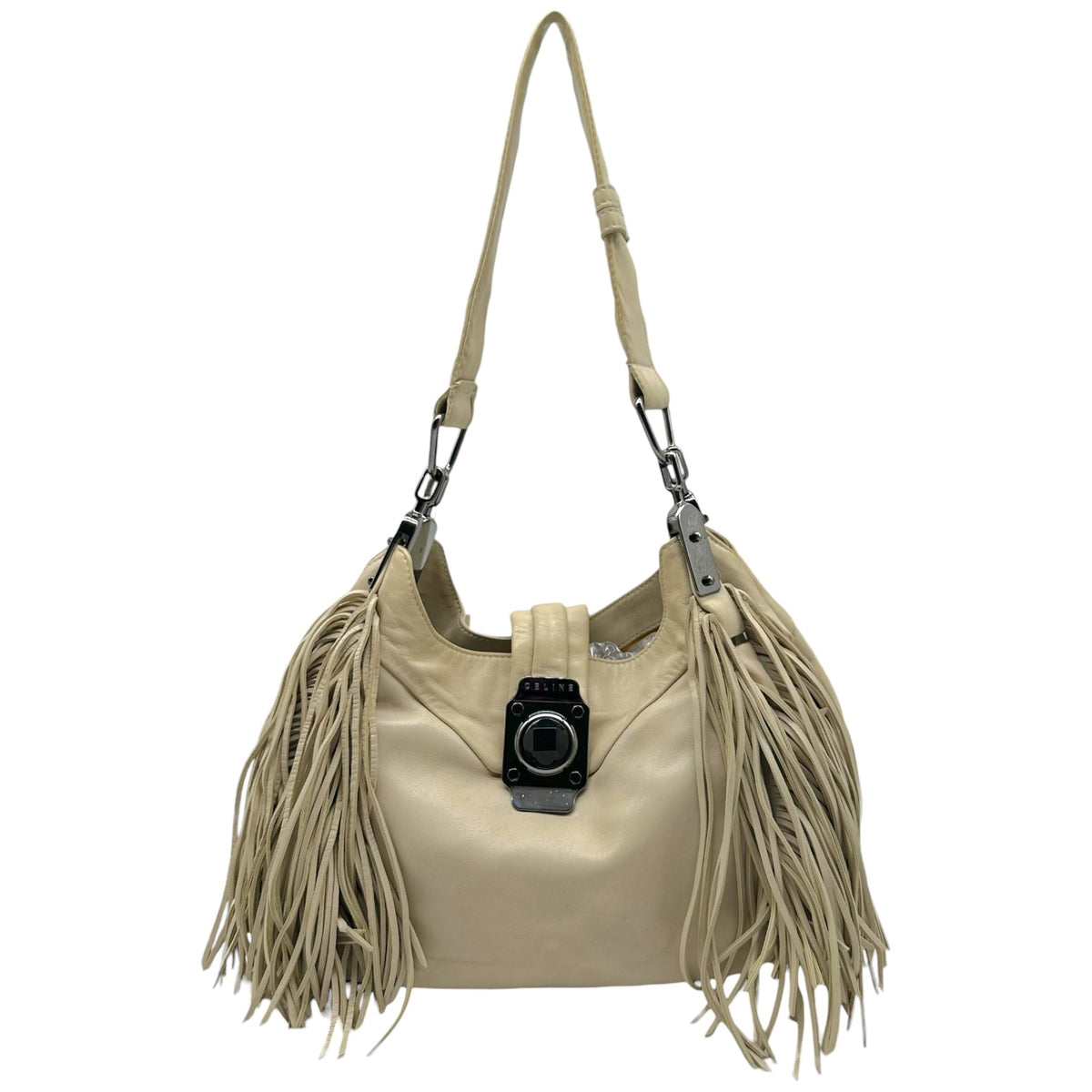 Celine Hobo Shoulder Bag Ivory Leather Fringe Trim
