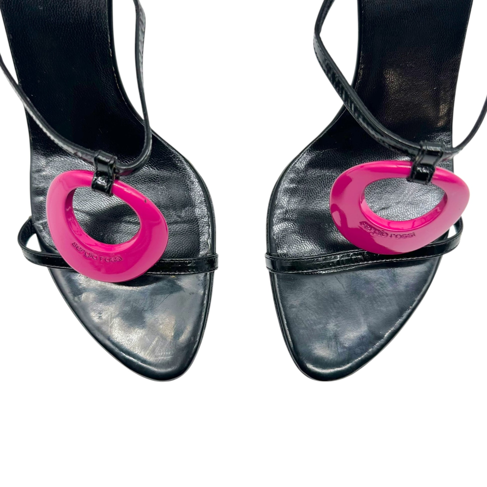 Sergio Rossi Black Patent Leather Pink Logo Heeled Mules